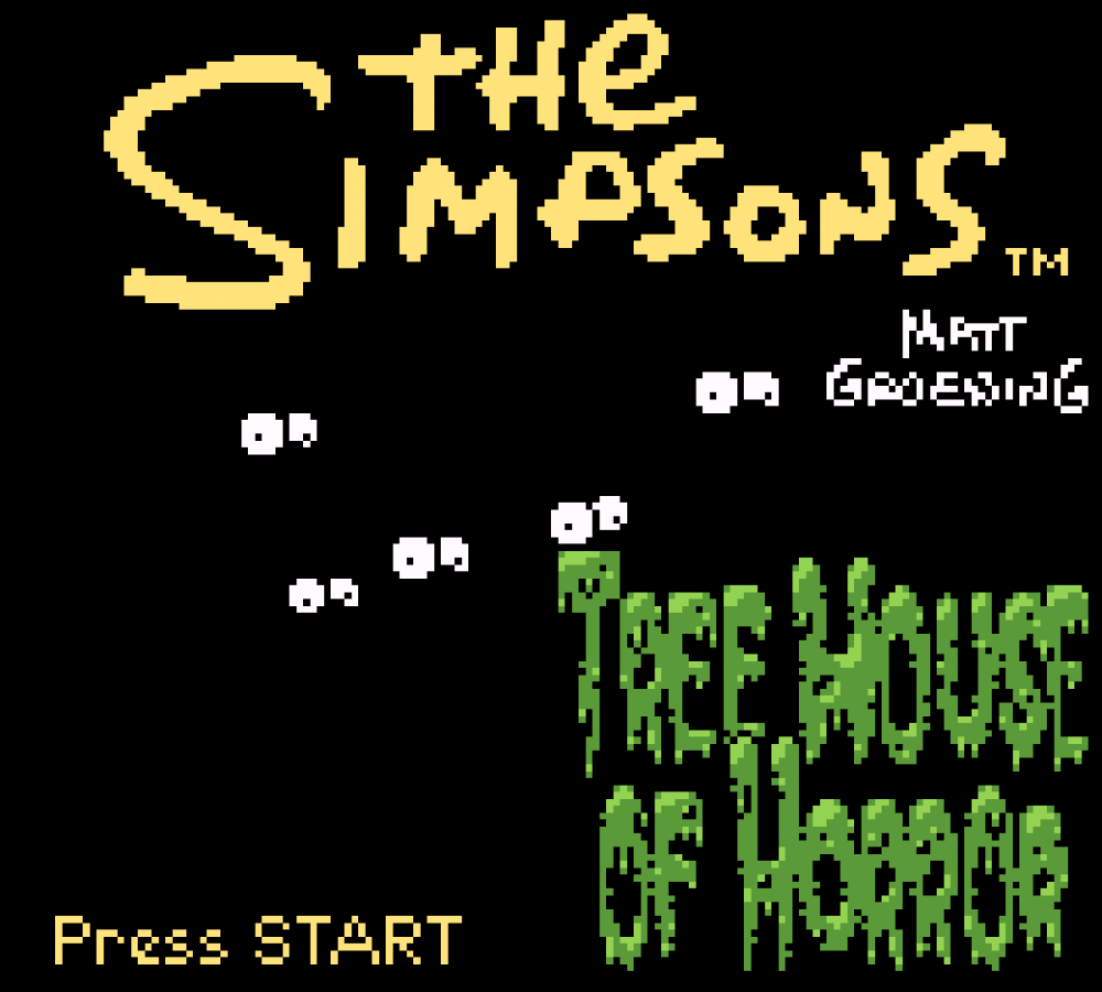 The Simpsons Night of the Living Treehouse of Horror for Game Boy Color, title screen for a platformer video game with side-scrolling gameplay, Halloween-themed levels, character-based challenges, and cartoon-style action