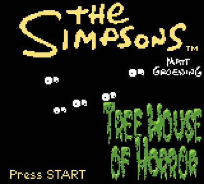 The Simpsons Night of the Living Treehouse of Horror for Game Boy Color, title screen for a platformer video game with side-scrolling gameplay, Halloween-themed levels, character-based challenges, and cartoon-style action
