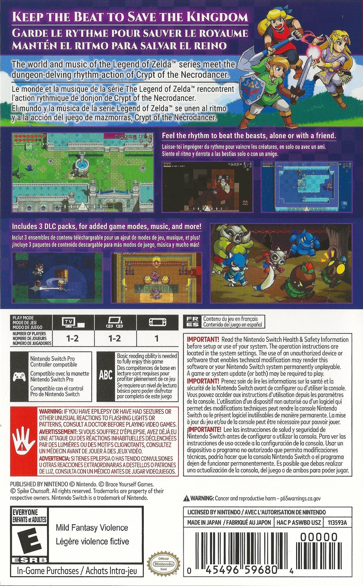 Cadence of Hyrule Crypt of the NecroDancer Nintendo Switch NS for rhythm action adventure video game fans featuring The Legend of Zelda characters beat based combat dungeon exploration procedurally generated levels music driven gameplay item collection puzzle solving and challenging roguelike adventure collectible gaming appeal back cover art