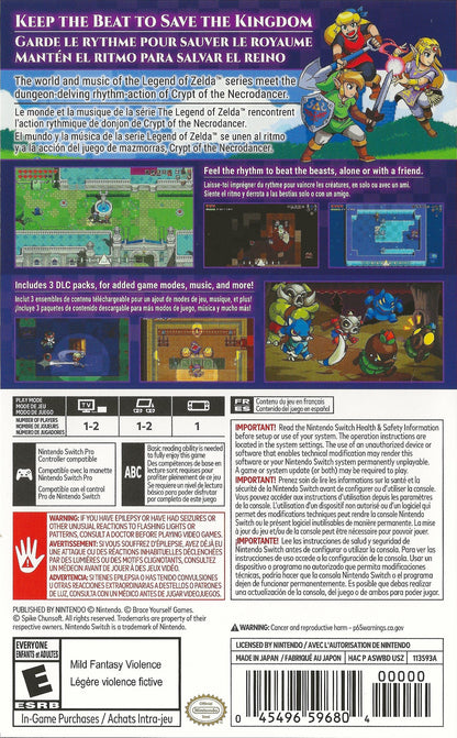 Cadence of Hyrule Crypt of the NecroDancer Nintendo Switch NS for rhythm action adventure video game fans featuring The Legend of Zelda characters beat based combat dungeon exploration procedurally generated levels music driven gameplay item collection puzzle solving and challenging roguelike adventure collectible gaming appeal back cover art