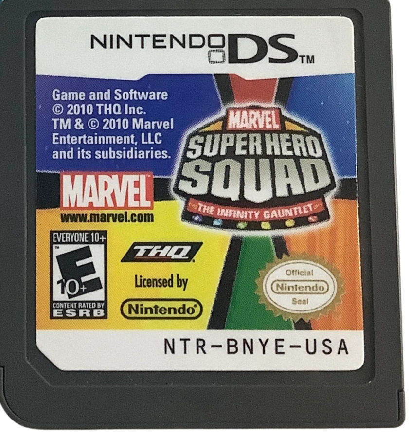 Marvel Super Hero Squad The Infinity Gauntlet for Nintendo DS (DS), cartridge for a retro video game featuring action-adventure gameplay, superhero combat, character-based missions, side-scrolling battles, and comic-inspired story progression