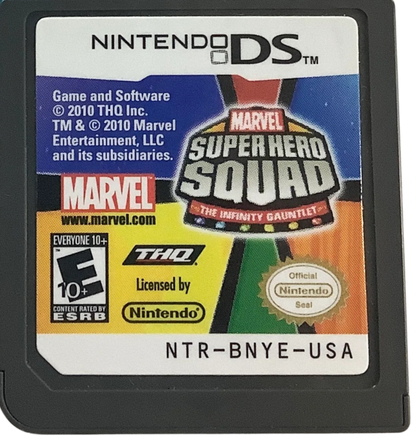 Marvel Super Hero Squad The Infinity Gauntlet for Nintendo DS (DS), cartridge for a retro video game featuring action-adventure gameplay, superhero combat, character-based missions, side-scrolling battles, and comic-inspired story progression