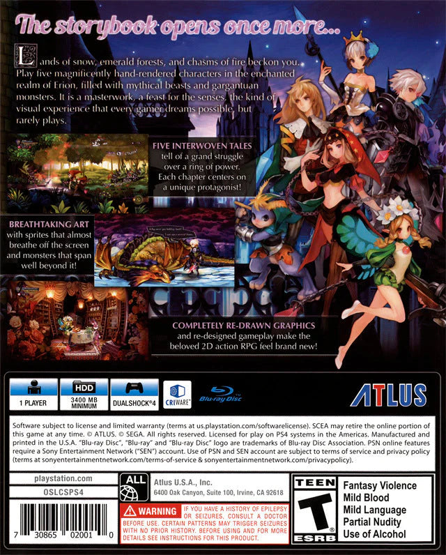 Odin Sphere Leifthrasir PlayStation 4 game featuring action RPG combat and beautifully hand-drawn 2D fantasy visuals back cover
