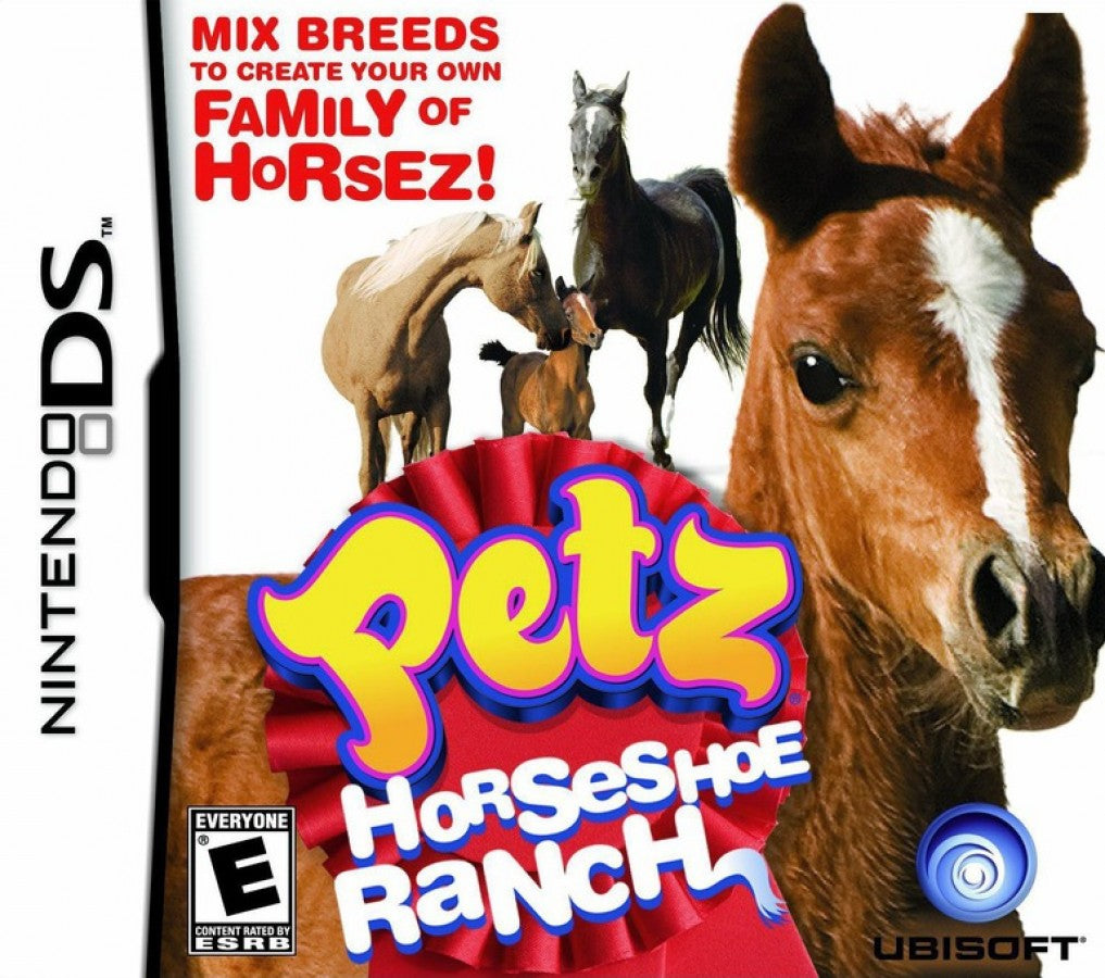 Petz Horseshoe Ranch for Nintendo DS (DS), cover image for a retro video game featuring horse care simulation gameplay, ranch management, riding challenges, pet customization, and family-friendly adventure activities