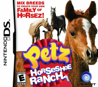 Petz Horseshoe Ranch for Nintendo DS (DS), cover image for a retro video game featuring horse care simulation gameplay, ranch management, riding challenges, pet customization, and family-friendly adventure activities