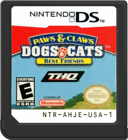 Paws & Claws Dogs and Cats Best Friends Nintendo DS cartridge for retro video game featuring virtual pet care gameplay, adorable puppies and kittens, feeding and grooming activities, animal companionship, and family friendly simulation fun on the Nintendo DS handheld system