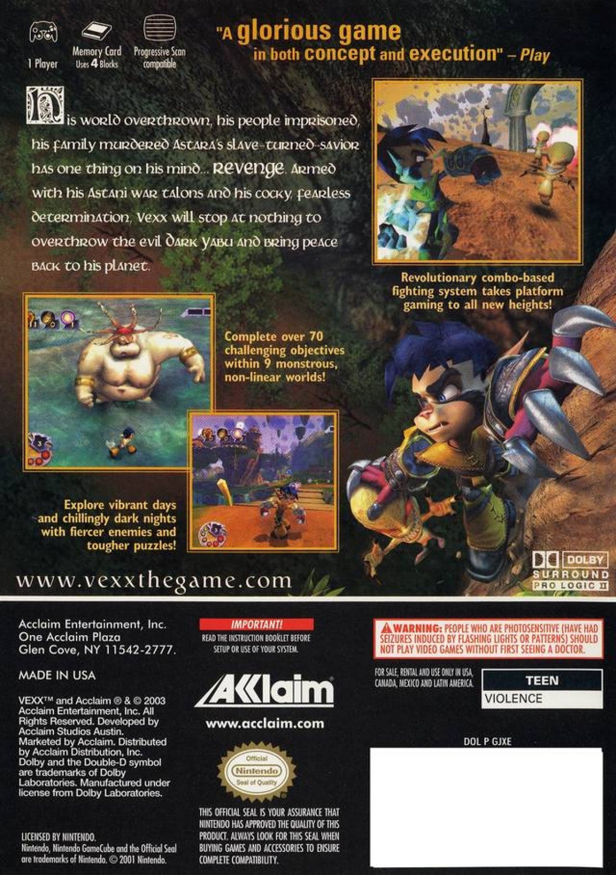 Vexx Nintendo GameCube GC for retro video game enthusiasts featuring 3D action platforming gameplay expansive world exploration acrobatic movement challenging collectibles fantasy adventure environments combat driven progression and collectible gaming appeal back cover 