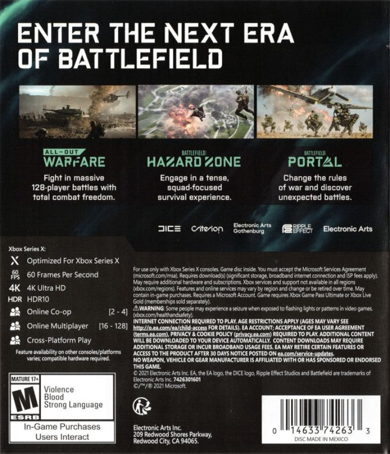 Battlefield 2042 back of case for Xbox Series X (XSX) first-person shooter video game