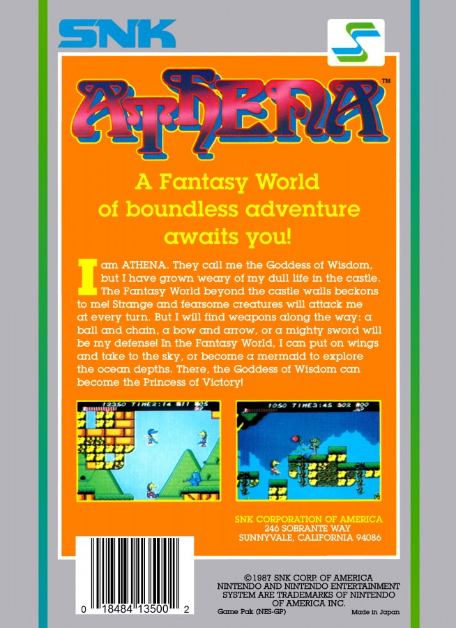 Athena 5 Screw Complete in Box CIB Nintendo Entertainment System NES for retro video game enthusiasts featuring classic action platforming gameplay fantasy adventure weapon and armor upgrades challenging enemies magical worlds rare 5 screw edition complete in box collectible gaming appeal back cover