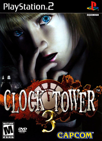 Clock Tower 3 PS2 Sony PlayStation 2 survival horror game point and click style adventure cinematic horror time travel storyline ghost enemies stealth and hiding gameplay Capcom psychological horror retro gaming PlayStation 2 software video game title cover art