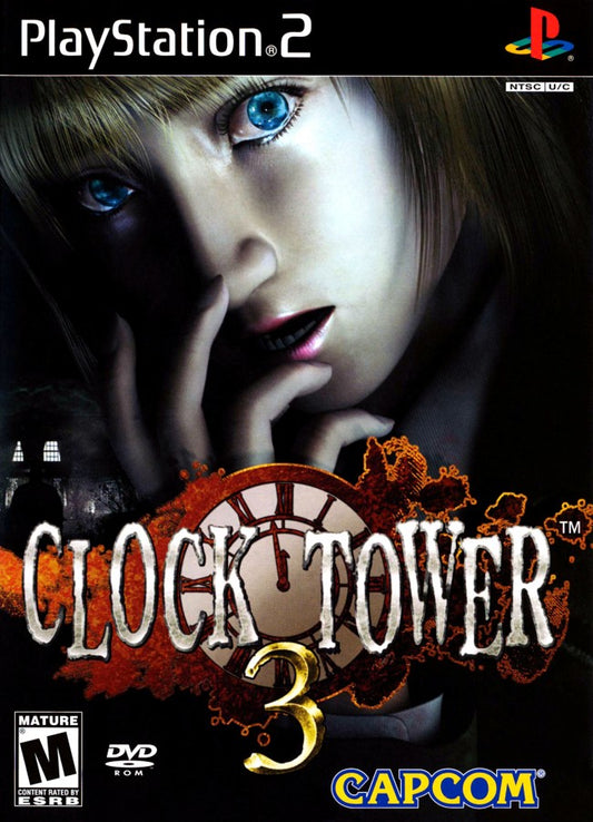 Clock Tower 3 PS2 Sony PlayStation 2 survival horror game point and click style adventure cinematic horror time travel storyline ghost enemies stealth and hiding gameplay Capcom psychological horror retro gaming PlayStation 2 software video game title cover art