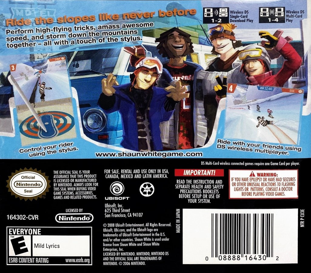 Shaun White Snowboarding Nintendo DS DS snowboarding sports video game featuring Shaun White extreme snowboarding downhill racing tricks jumps rails freestyle challenges mountain courses and classic Nintendo DS DS gameplay collectible retro gaming appeal back cover art