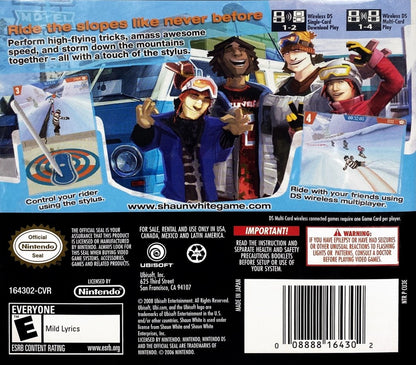 Shaun White Snowboarding Nintendo DS DS snowboarding sports video game featuring Shaun White extreme snowboarding downhill racing tricks jumps rails freestyle challenges mountain courses and classic Nintendo DS DS gameplay collectible retro gaming appeal back cover art