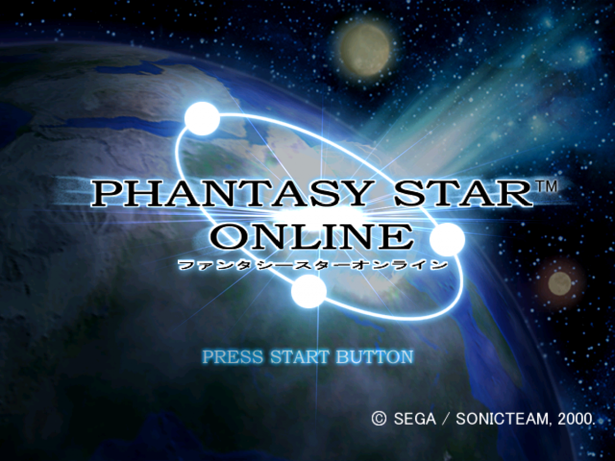 Phantasy Star Online for Sega Dreamcast (DC) at Gamers INC, featuring the revolutionary RPG experience that brought online multiplayer to consoles for the first time, where you create a custom hunter to explore the mysterious planet Ragol, battle formidable monsters in real-time combat, and team up with players worldwide in a landmark sci-fi adventure main menu title screen