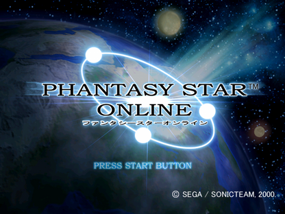 Phantasy Star Online for Sega Dreamcast (DC) at Gamers INC, featuring the revolutionary RPG experience that brought online multiplayer to consoles for the first time, where you create a custom hunter to explore the mysterious planet Ragol, battle formidable monsters in real-time combat, and team up with players worldwide in a landmark sci-fi adventure main menu title screen