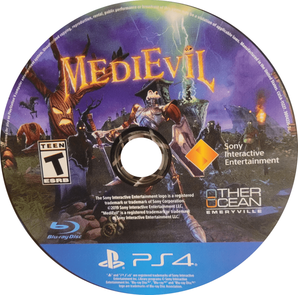 MediEvil game for the PlayStation 4 featuring action adventure gameplay with hack and slash combat puzzle solving and a gothic fantasy setting as Sir Daniel Fortesque battles undead enemies in a remade version of the classic PlayStation title disc