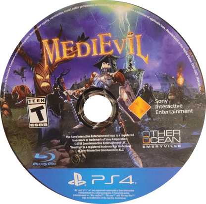 MediEvil game for the PlayStation 4 featuring action adventure gameplay with hack and slash combat puzzle solving and a gothic fantasy setting as Sir Daniel Fortesque battles undead enemies in a remade version of the classic PlayStation title disc