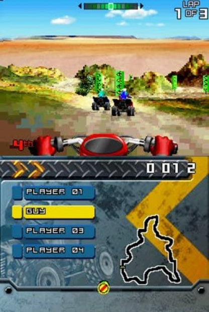 ATV Thunder Ridge Riders and Monster Truck Mayhem for Nintendo DS (DS), gameplay for a retro video game featuring off-road racing gameplay, ATV and monster truck challenges, stunt-based competitions, and arcade-style vehicular action