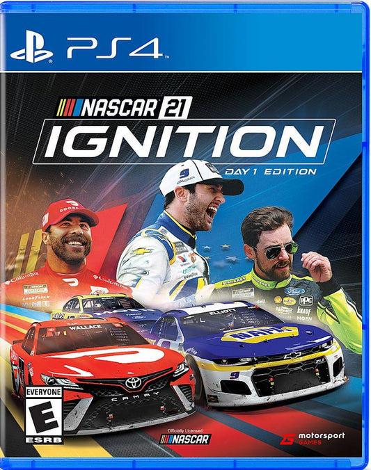 NASCAR 21 Ignition PlayStation 4 PS4 racing simulation video game Unreal Engine graphics rFactor 2 physics engine official 2021 NASCAR Cup Series license Chase Elliott Bubba Wallace Ryan Blaney cover drivers career mode paint booth customization online multiplayer up to 40 players authentic stock car racing experience cover art