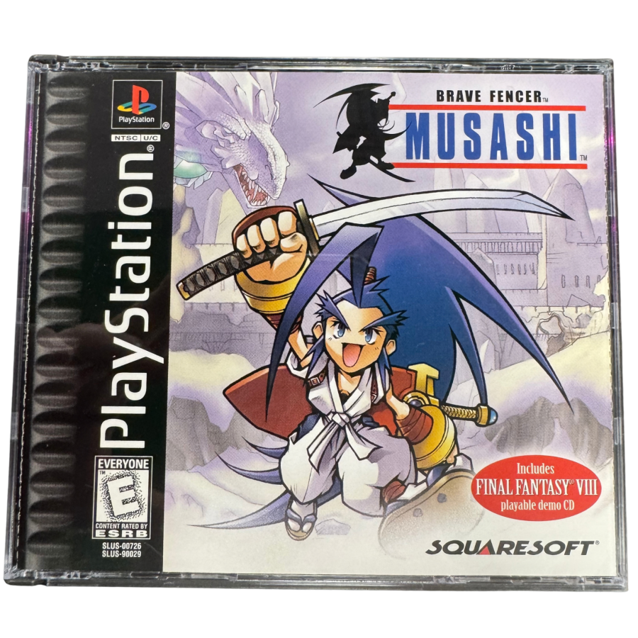 Brave Fencer Musashi Complete In Box CIB Sony PlayStation PS1 video game featuring action role playing gameplay Musashi character sword combat enemy battles magical abilities fantasy adventure exploration quests puzzle solving and classic 32 bit PlayStation gameplay retro video game collection collectible gaming appeal cover art