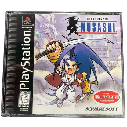 Brave Fencer Musashi Complete In Box CIB Sony PlayStation PS1 video game featuring action role playing gameplay Musashi character sword combat enemy battles magical abilities fantasy adventure exploration quests puzzle solving and classic 32 bit PlayStation gameplay retro video game collection collectible gaming appeal cover art