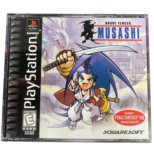 Brave Fencer Musashi Complete In Box CIB Sony PlayStation PS1 video game featuring action role playing gameplay Musashi character sword combat enemy battles magical abilities fantasy adventure exploration quests puzzle solving and classic 32 bit PlayStation gameplay retro video game collection collectible gaming appeal cover art
