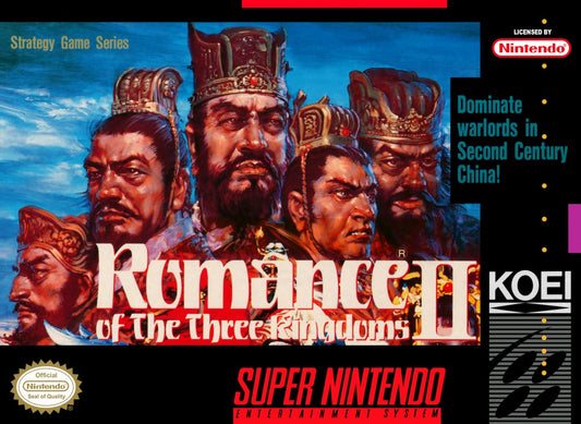Romance of the Three Kingdoms II retro SNES video game Romance of the Three Kingdoms historical strategy simulation tactical warfare empire management turn based gameplay console title Super Nintendo release cover art