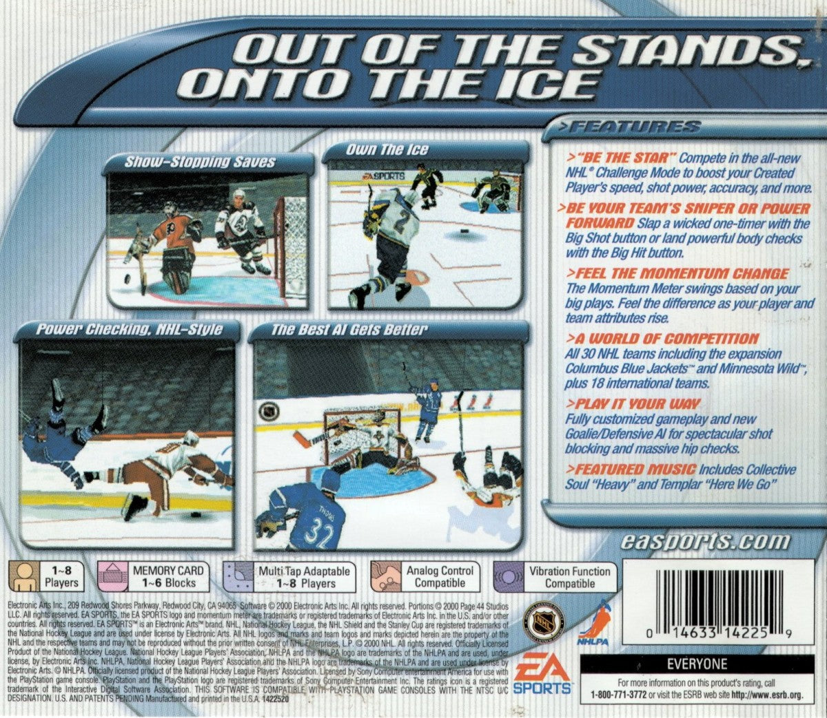NHL 2001 for PlayStation 1 hockey sports video game featuring official NHL teams and players improved AI realistic gameplay season modes and classic EA Sports ice hockey experience back cover