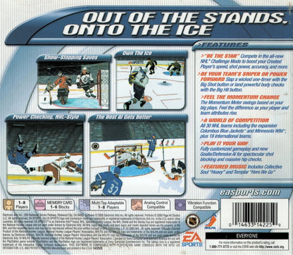 NHL 2001 for PlayStation 1 hockey sports video game featuring official NHL teams and players improved AI realistic gameplay season modes and classic EA Sports ice hockey experience back cover