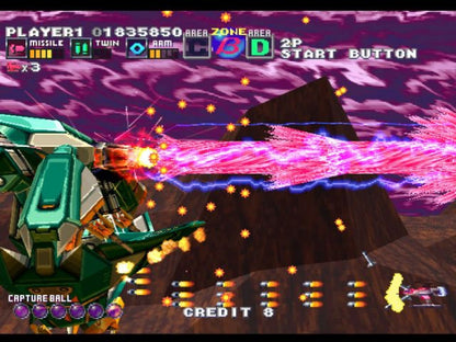G Darius PlayStation PS1 for shoot em up video game fans featuring side scrolling arcade shooter gameplay intense space battles powerful laser weapons massive boss encounters strategic combat mechanics classic Taito action sci fi adventure challenging levels collectible gaming appeal gameplay
