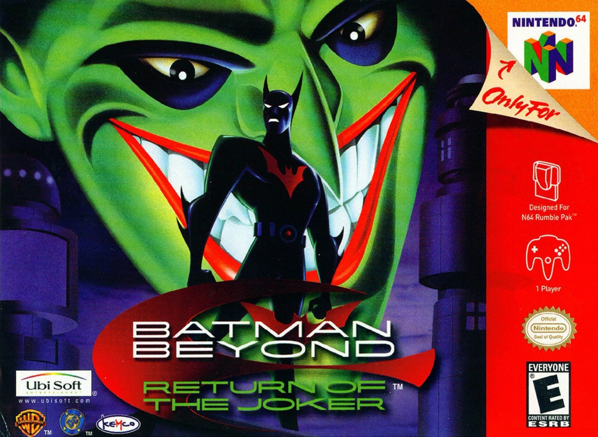 Batman Beyond Return of the Joker cartridge for the Nintendo 64 featuring action beat em up gameplay with side scrolling combat as Batman battles Joker and enemies across futuristic Gotham City cover art