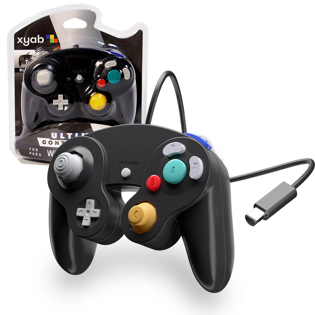 XYAB brand black GameCube controller wired retro gaming accessory for Nintendo GameCube and Wii systems