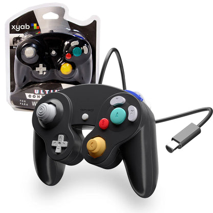 XYAB brand black GameCube controller wired retro gaming accessory for Nintendo GameCube and Wii systems