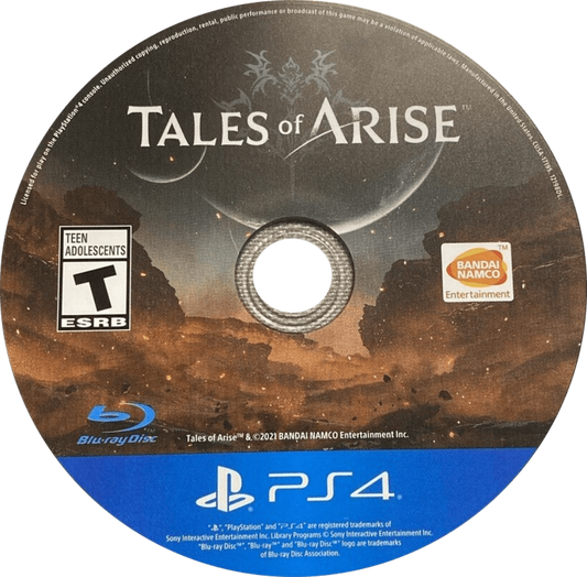 Tales of Arise for PlayStation 4 (PS4) featuring a stylish action JRPG where two warriors from rival worlds unite to overthrow oppressive rulers; fight with fast, flashy combo-based combat, explore vibrant landscapes, and experience a character-driven story about freedom, identity, and sacrifice disc