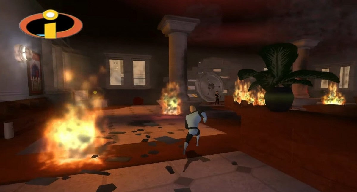 Disney Pixar The Incredibles Nintendo GameCube GC action adventure video game featuring the Incredible family superhero characters Mr Incredible Elastigirl Violet Dash and Jack-Jack superpowers combat enemies action-packed missions city exploration and classic Nintendo GameCube GC gameplay collectible retro gaming appeal gameplay