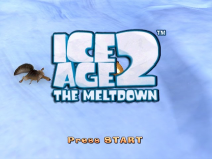 Ice Age 2 The Meltdown GameCube GC video game, action adventure, platformer gameplay, animated movie tie-in, family-friendly, Nintendo GameCube title main menu