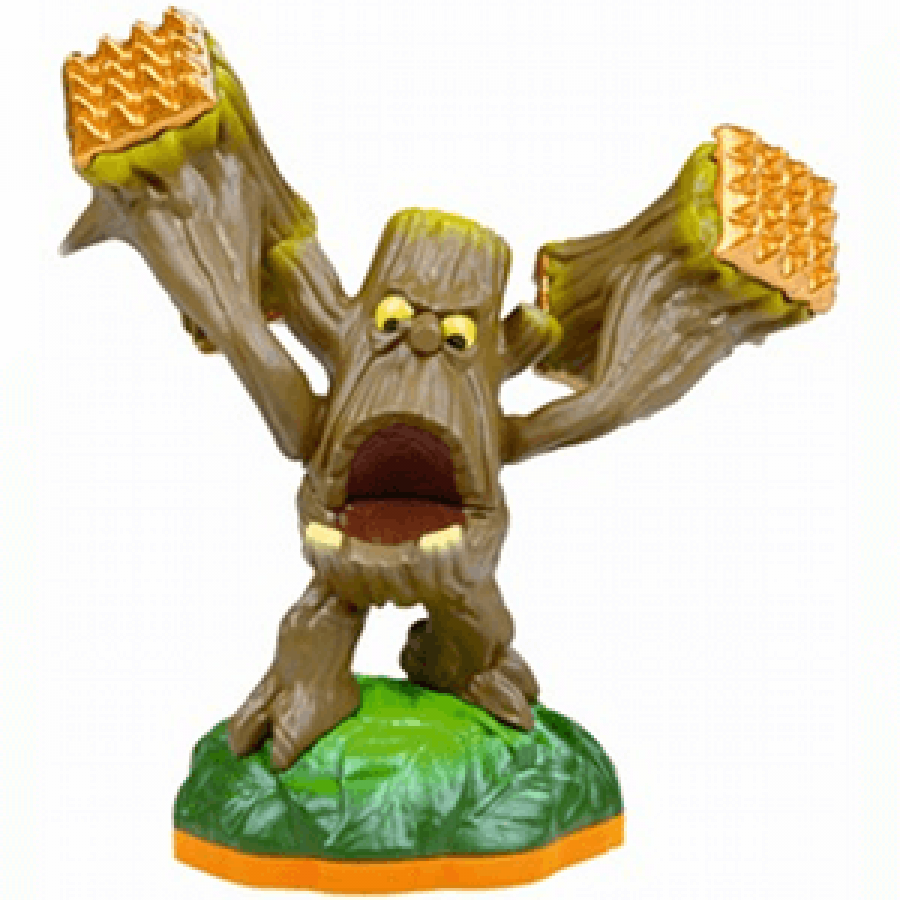 Stump Smash Series 2 Skylanders Giants figure, plant element tree creature with wooden body, leafy hair and massive tree trunk club, posed in battle stance, detailed collectible toy on portal base from Skylanders Giants series