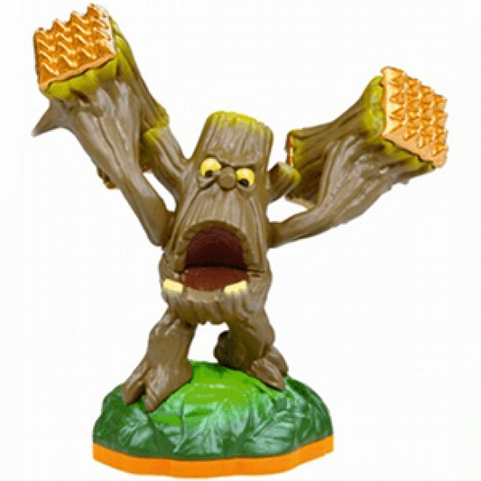 Stump Smash Series 2 Skylanders Giants figure, plant element tree creature with wooden body, leafy hair and massive tree trunk club, posed in battle stance, detailed collectible toy on portal base from Skylanders Giants series