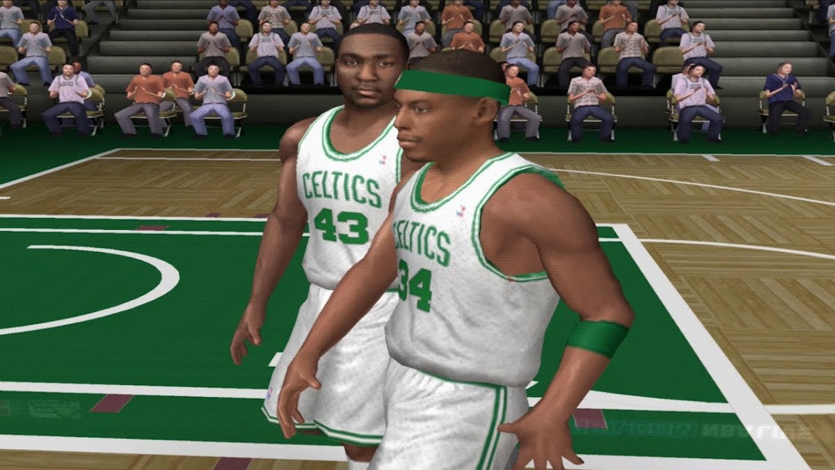 NBA Live 2007 PlayStation 2 inspired design featuring realistic basketball simulation aesthetic licensed NBA teams and players authentic arena atmosphere fast paced court action franchise mode gameplay competitive sports gaming nostalgic PS2 presentation gmaeplay 