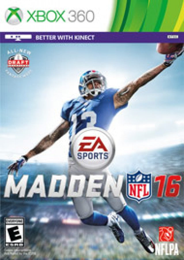 Madden NFL 16 Xbox 360 X360 video game featuring American football sports simulation gameplay NFL teams and players passing plays rushing attacks defensive strategies touchdown scoring franchise mode quarterback controls play calling multiplayer matches and classic Xbox 360 football gaming retro video game collection collectible gaming appeal cover art