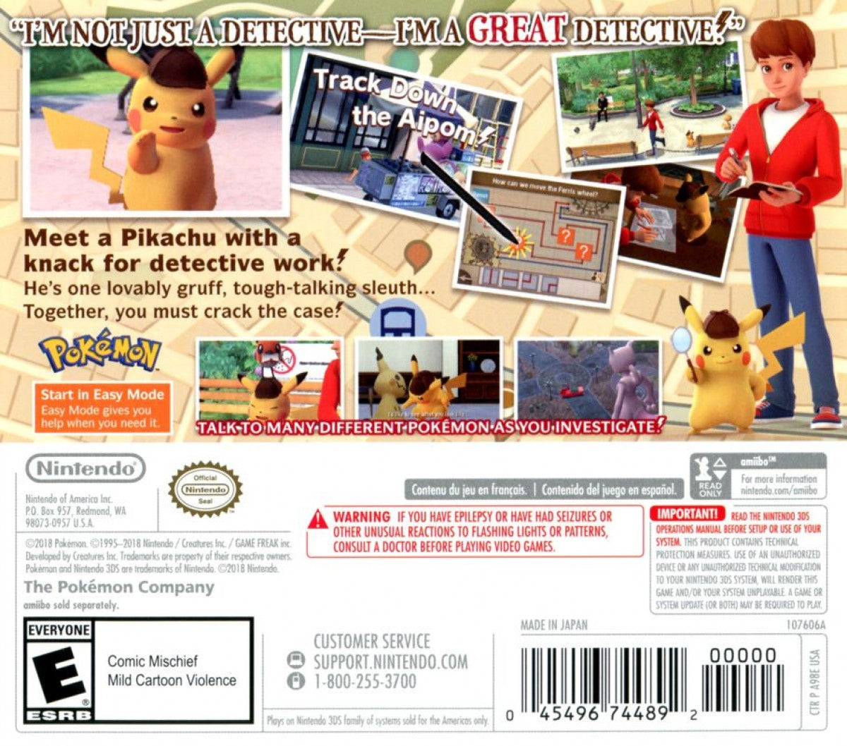 Detective Pikachu back of case for Nintendo 3DS (3DS) adventure mystery video game