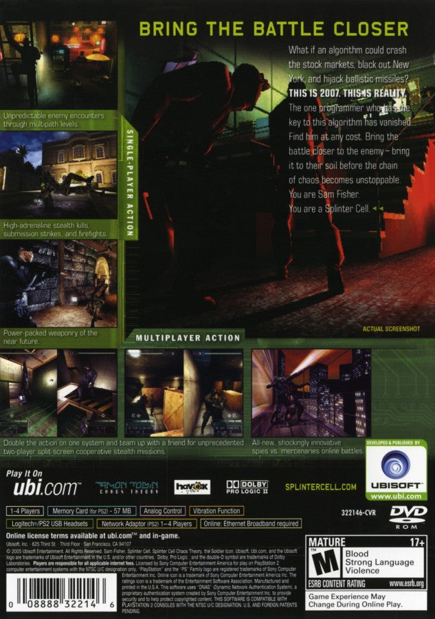 Tom Clancy's Splinter Cell: Chaos Theory – PlayStation 2 (PS2) video game back of case, stealth action.