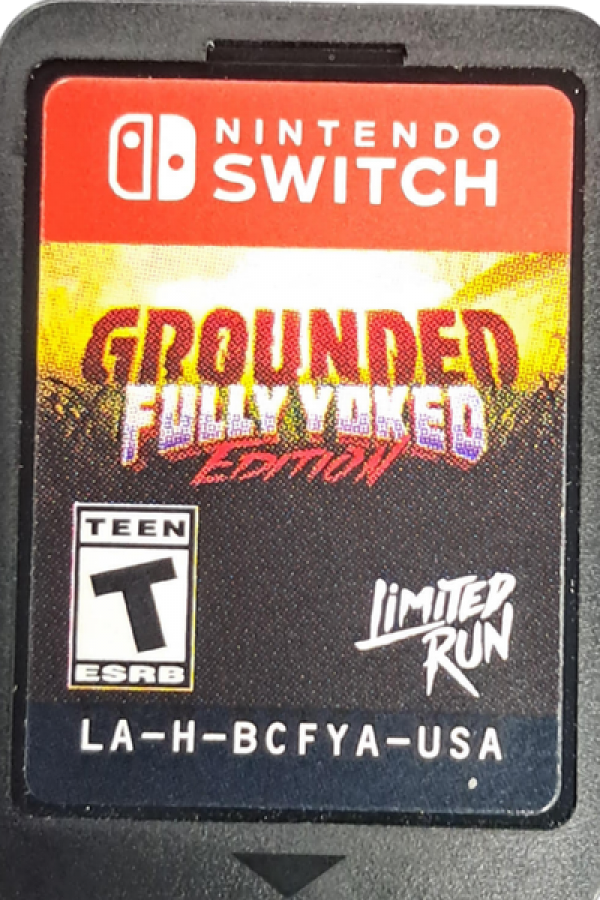 Grounded Fully Yoked Edition Nintendo Switch inspired design featuring cooperative survival adventure aesthetic miniature backyard world exploration crafting and base building dangerous insect encounters resource gathering gameplay vibrant environments and imaginative outdoor survival presentation cartridge