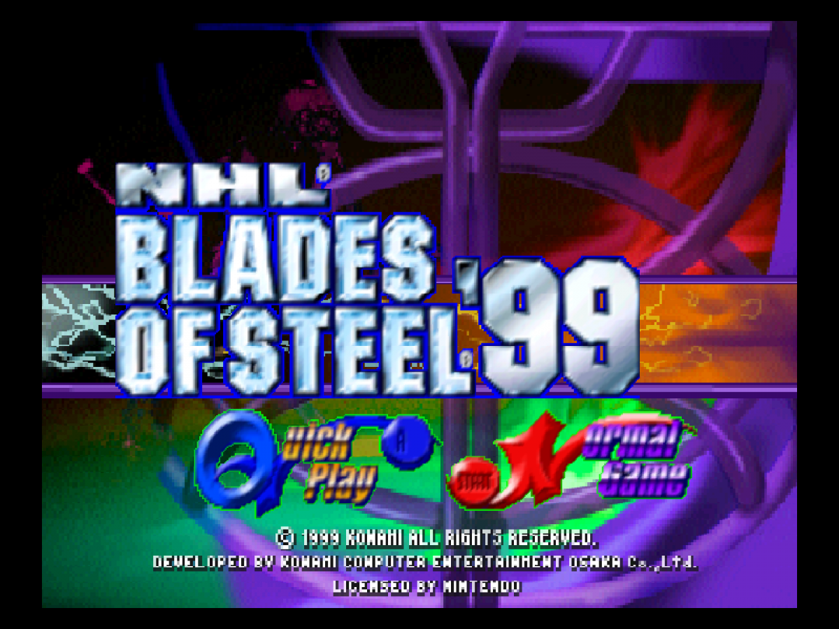 NHL Blades of Steel 99 game for the Nintendo 64 featuring arcade style hockey gameplay with fast paced matches exaggerated hits season modes and multiplayer competition based on the Blades of Steel series start screen