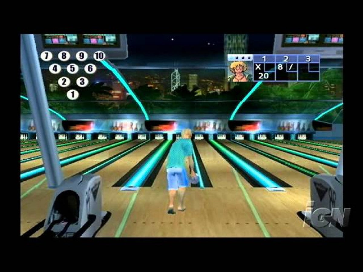 AMF Bowling Pinbusters Wii inspired design featuring arcade bowling sports gameplay aesthetic motion controlled lane action colorful characters family friendly competition multiplayer party fun casual Nintendo Wii entertainment presentation