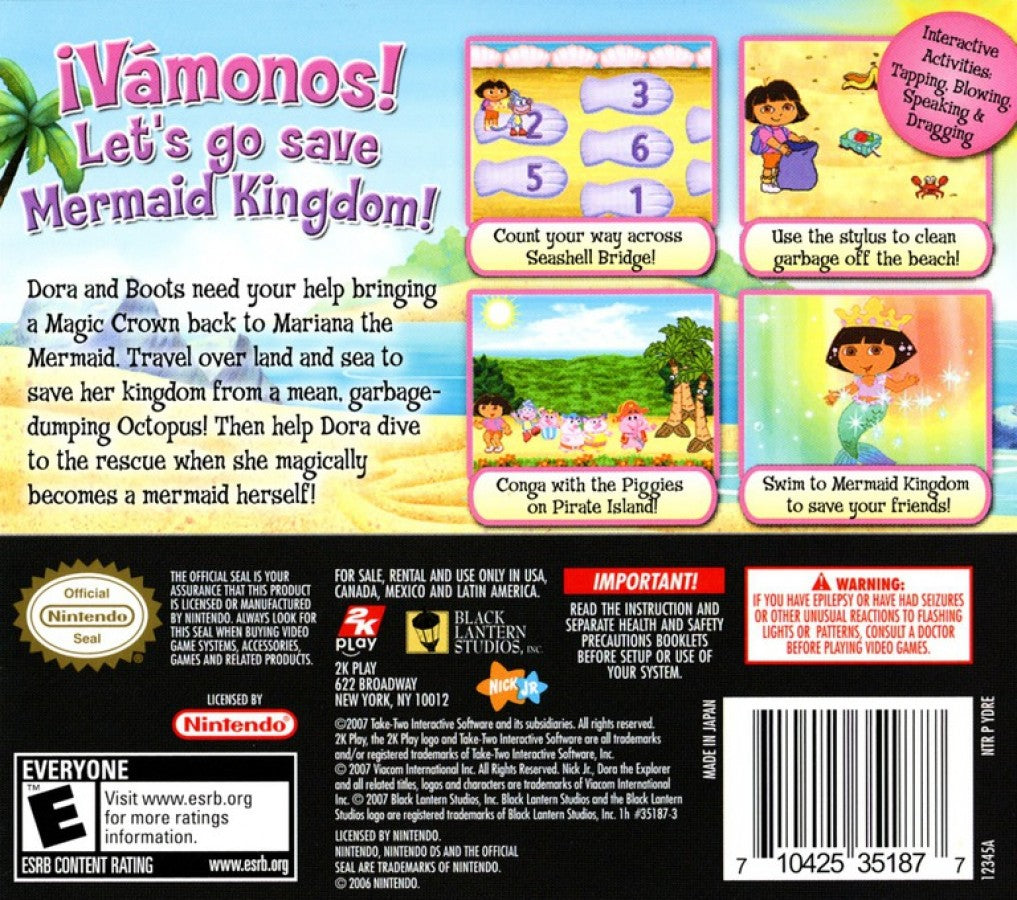 Dora the Explorer Dora Saves the Mermaids Nintendo DS video game, educational adventure gameplay, ocean-themed puzzles, family-friendly handheld console title back cover