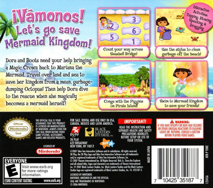 Dora the Explorer Dora Saves the Mermaids Nintendo DS video game, educational adventure gameplay, ocean-themed puzzles, family-friendly handheld console title back cover