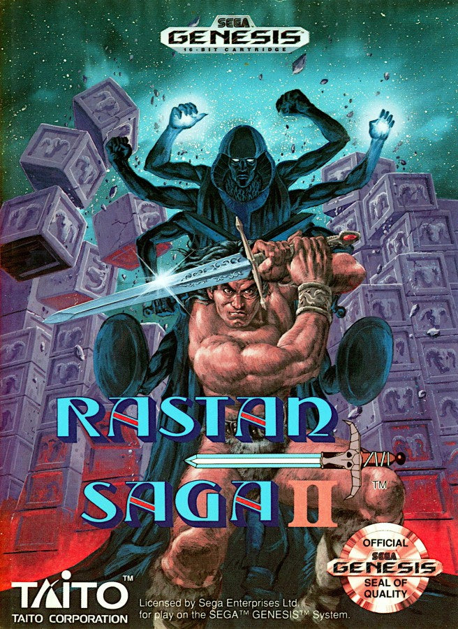Rastan Saga II Sega Genesis GEN for retro video game enthusiasts featuring side scrolling action platforming gameplay barbarian warrior combat fantasy adventure powerful weapons challenging enemies mythical environments and collectible gaming appeal front art