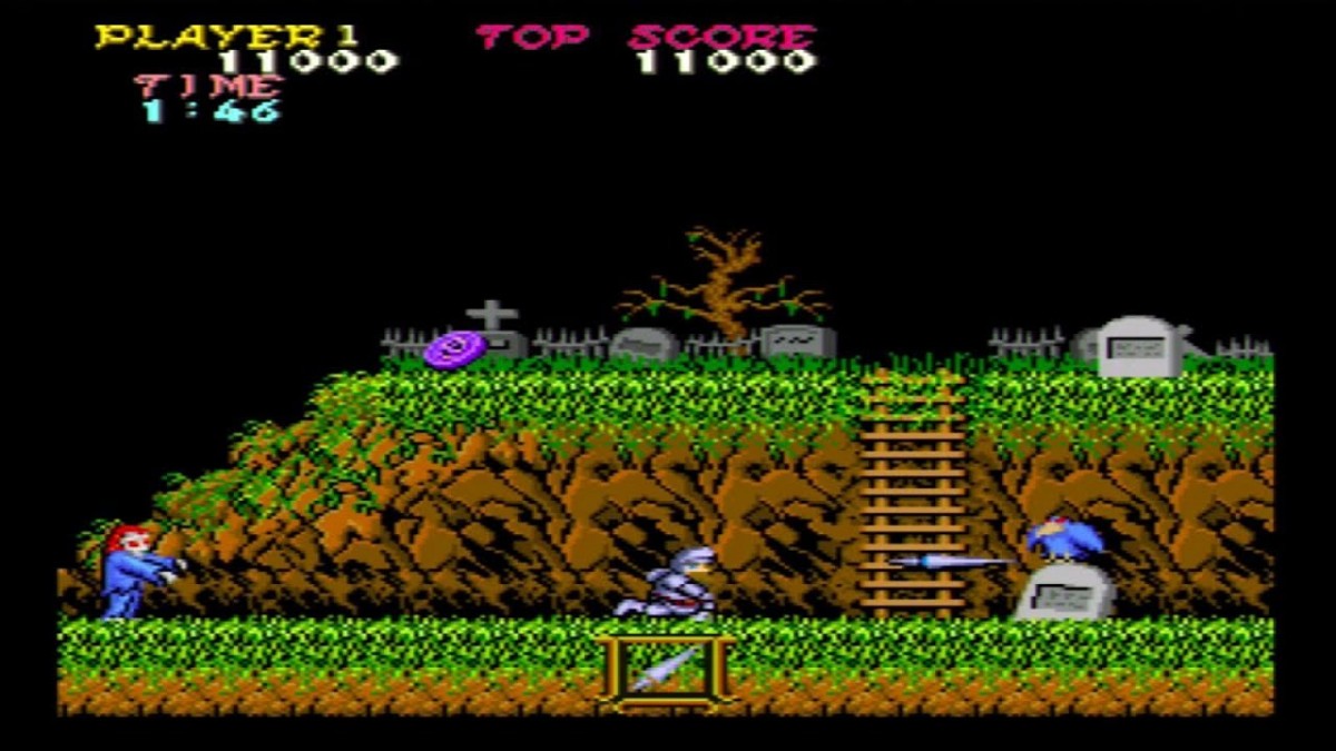 Ghosts 'n Goblins cartridge for the Nintendo Entertainment System featuring a challenging 8 bit side scrolling action platformer with knight Arthur battling hordes of demons and undead enemies gameplay