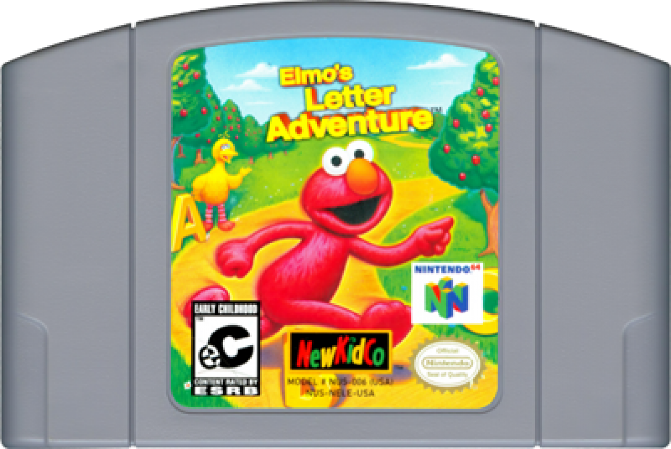 Elmo's Letter Adventure for Nintendo 64 educational platformer game featuring Sesame Street characters letter learning phonics activities children family gameplay cartridge